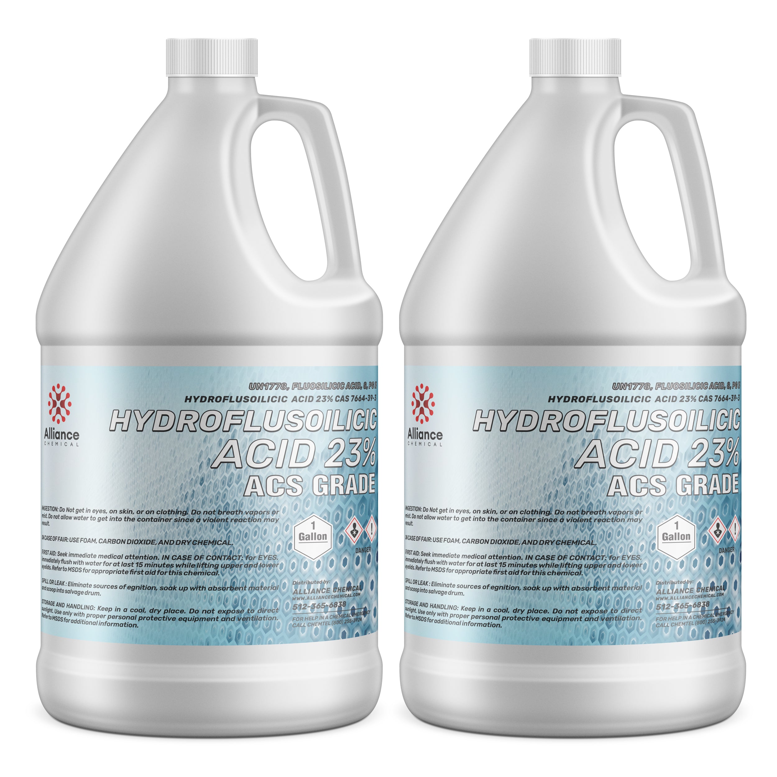 2-gallon HDPE jugs of Hydrofluosilicic Acid 23% ACS Grade by Alliance Chemical, featuring corrosive/toxic hazard symbols and safety instructions.